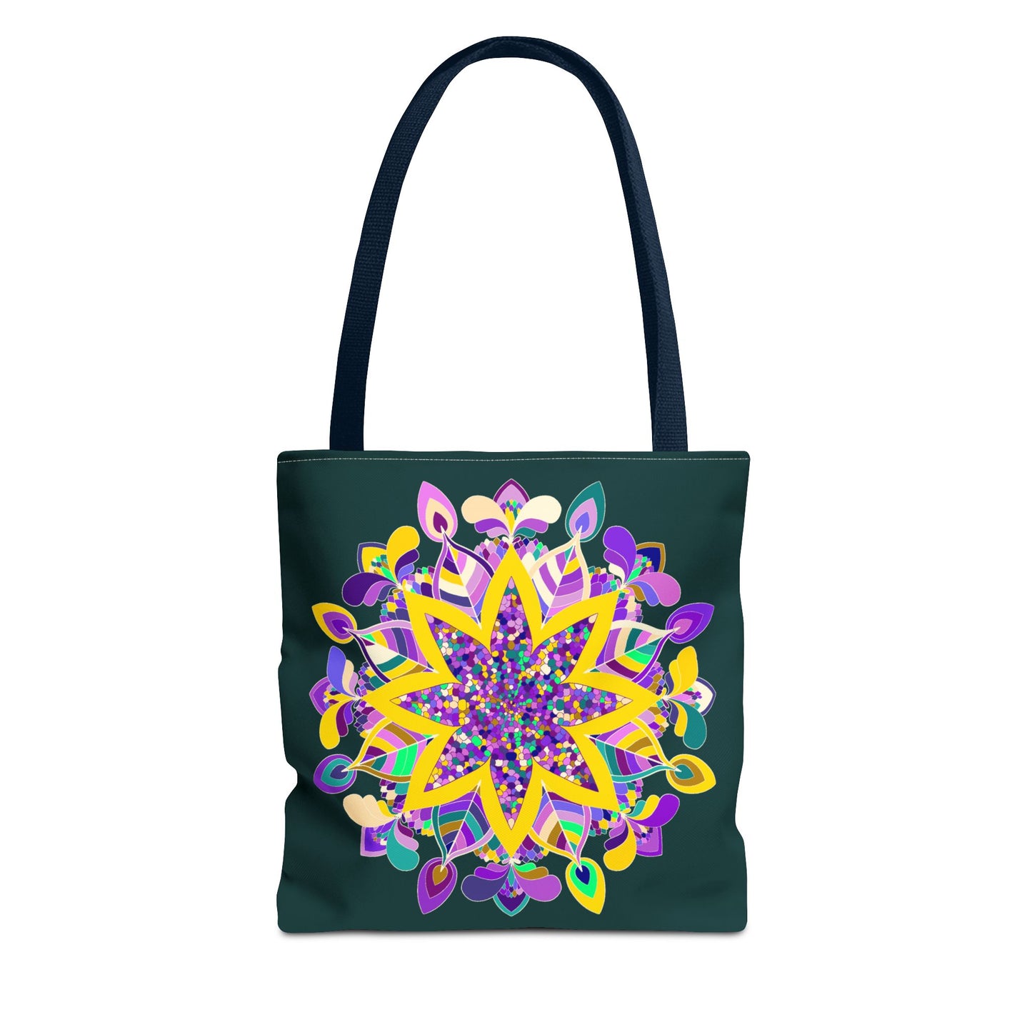 Dark green Zen girl mandala tote bag with colorful design by Blululi, perfect for carrying yoga gear and adding a touch of tranquility to your outfit