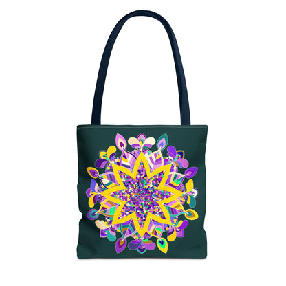 Dark green Zen girl mandala tote bag with colorful design by Blululi, perfect for carrying yoga gear and adding a touch of tranquility to your outfit