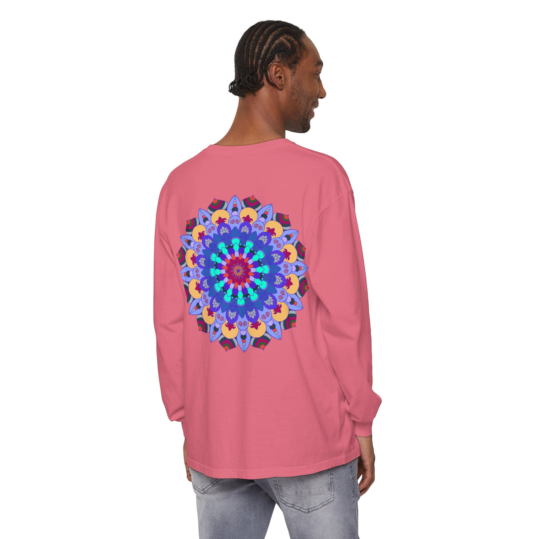 Colorful and intricate mandala design featured on a vibrant long sleeve t-shirt