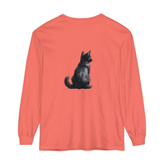 Black Cat Mystery unisex long sleeve tee with stylish black cat graphic design