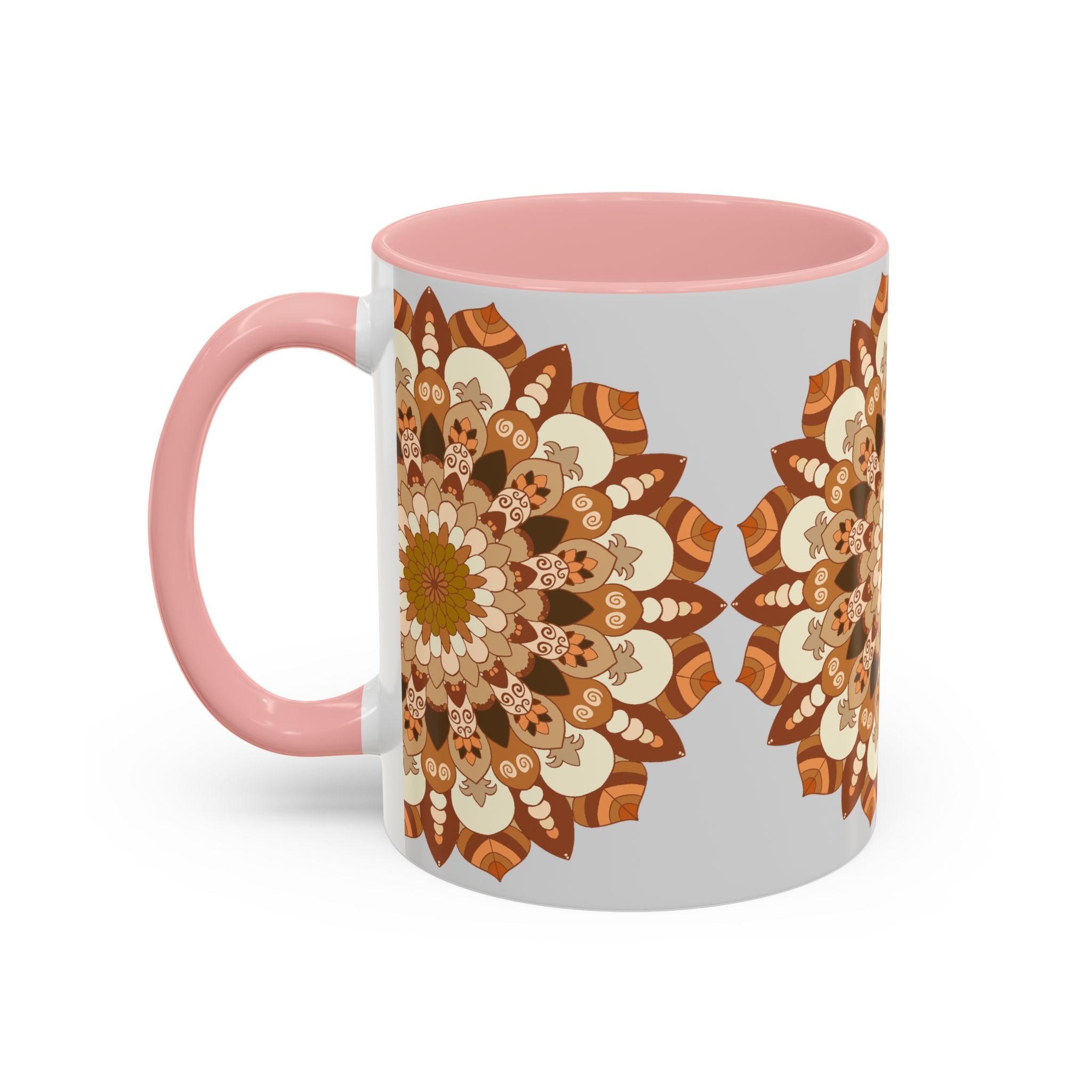 A beautiful mandala art mug with intricate designs on a light grey background