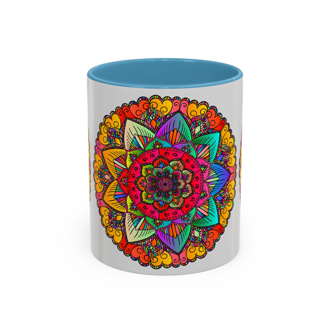 A beautiful mandala art mug featuring a colorful and intricate design