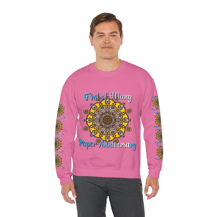 Unisex Heavy Blend™ Crewneck Sweatshirt featuring 'First of Many, Paper Anniversary' design, perfect first year wedding anniversary gift