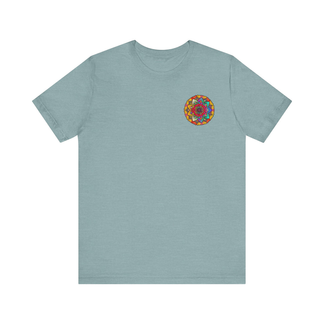 Colorful Mandala Peace & Harmony T-Shirt with Spiritual Design in various shades of blue, green, and yellow, representing tranquility and balance