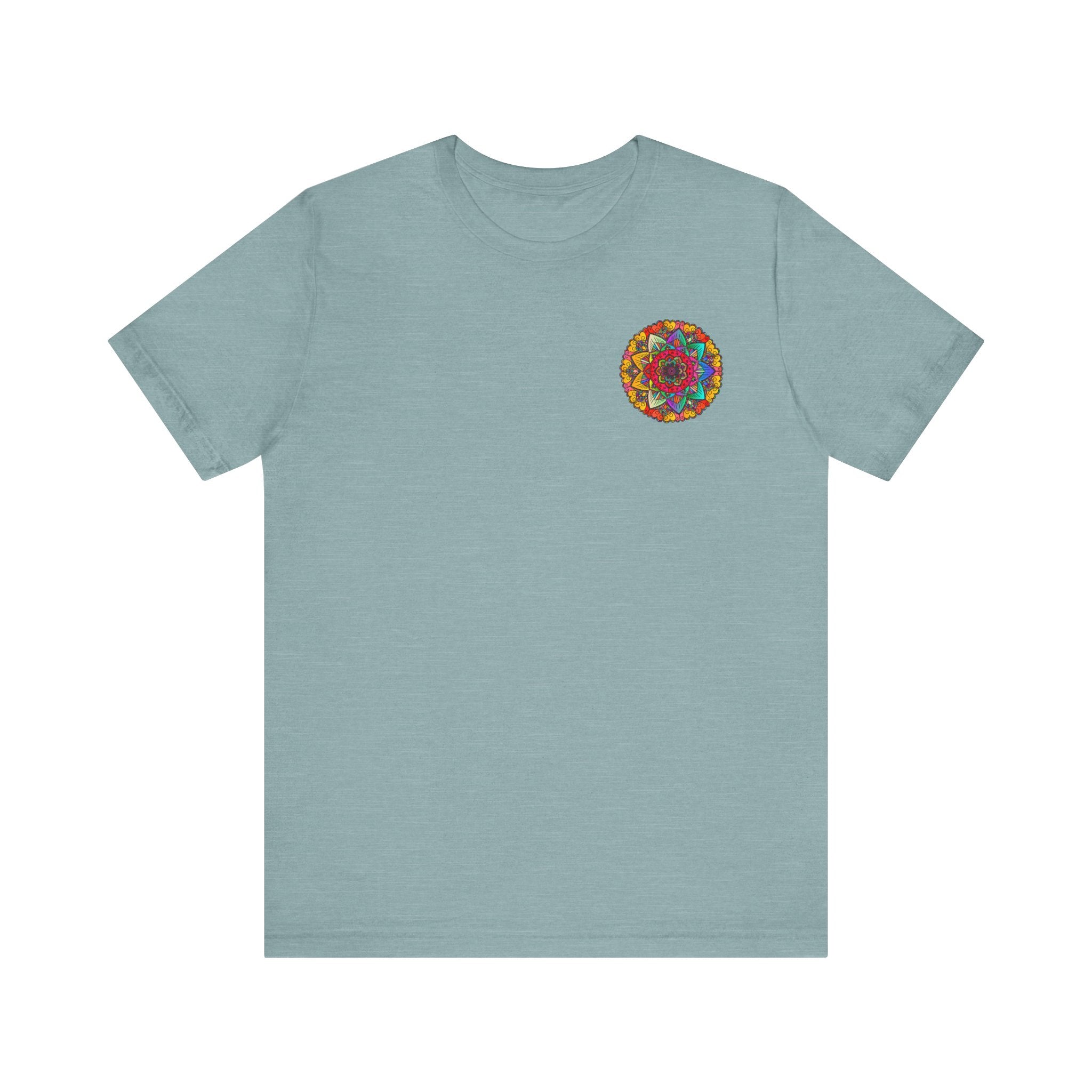 Colorful Mandala Peace & Harmony T-Shirt with Spiritual Design in various shades of blue, green, and yellow, representing tranquility and balance