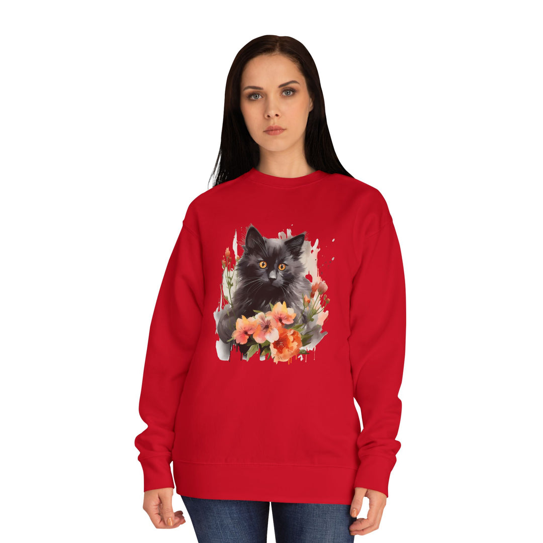 Black Cat and Blossoming Flowers Soft Cotton Sweatshirt