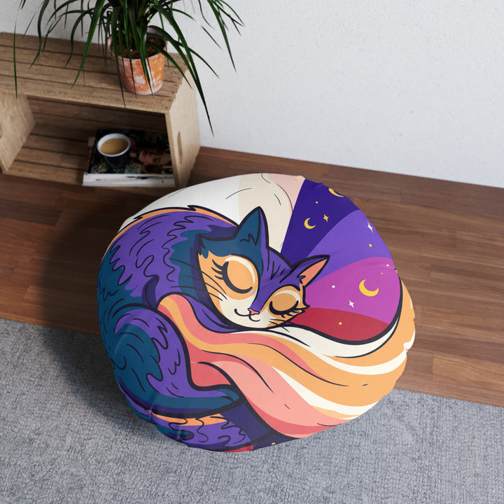 Surreal Cozy Cat Floor Pillow — Dreamy Round Cushion