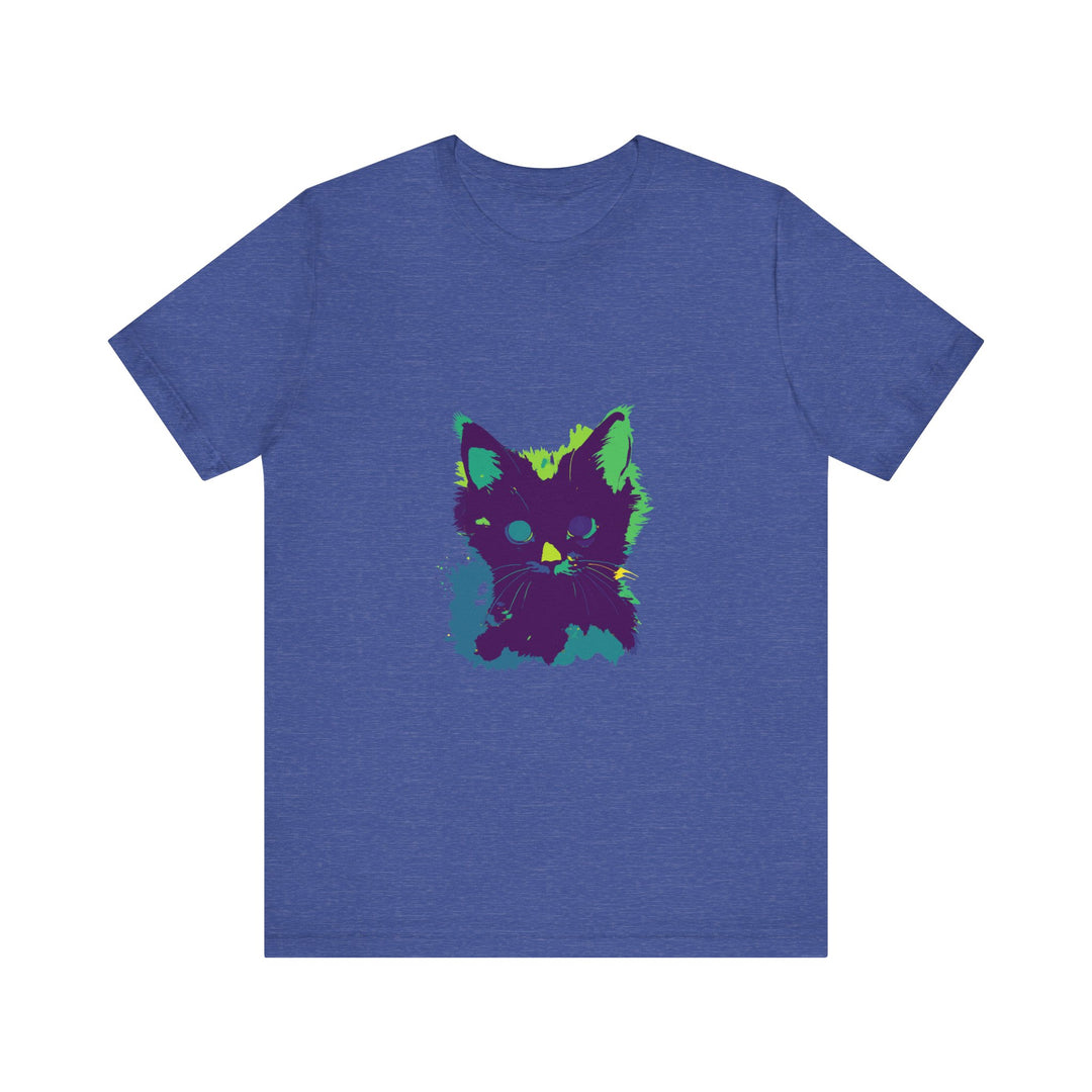 Neon black cat mystery t-shirt with colorful design and playful feline motif