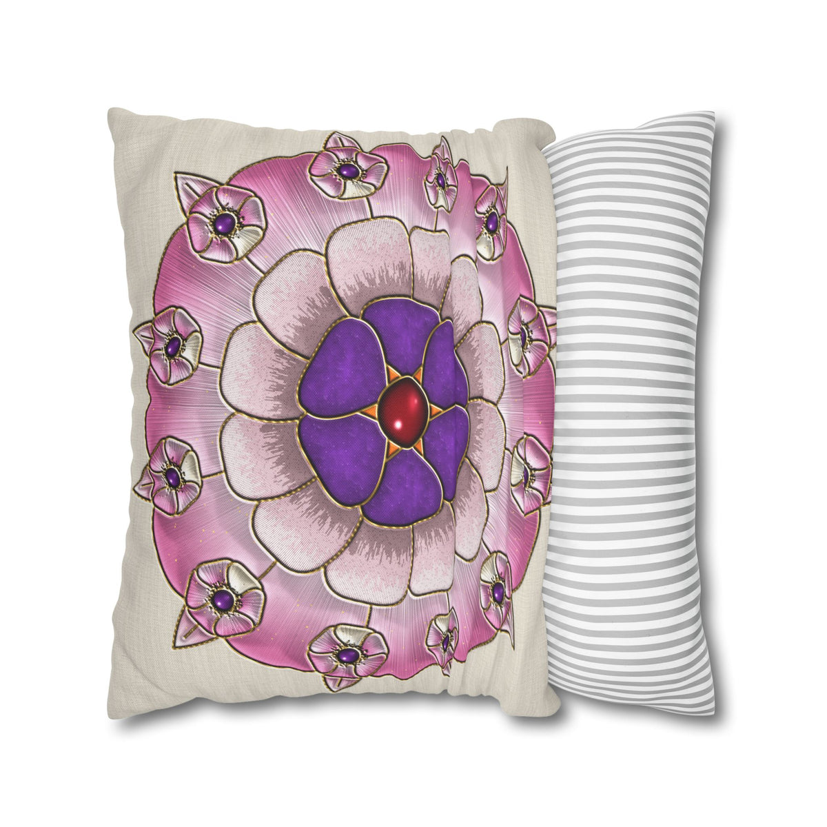 Federa quadrata con motivo a mandala floreale rosa e viola