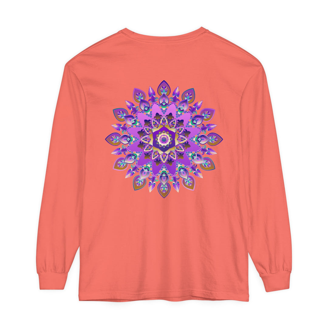 Vibrant purple and gold mandala design long sleeve t-shirt for women