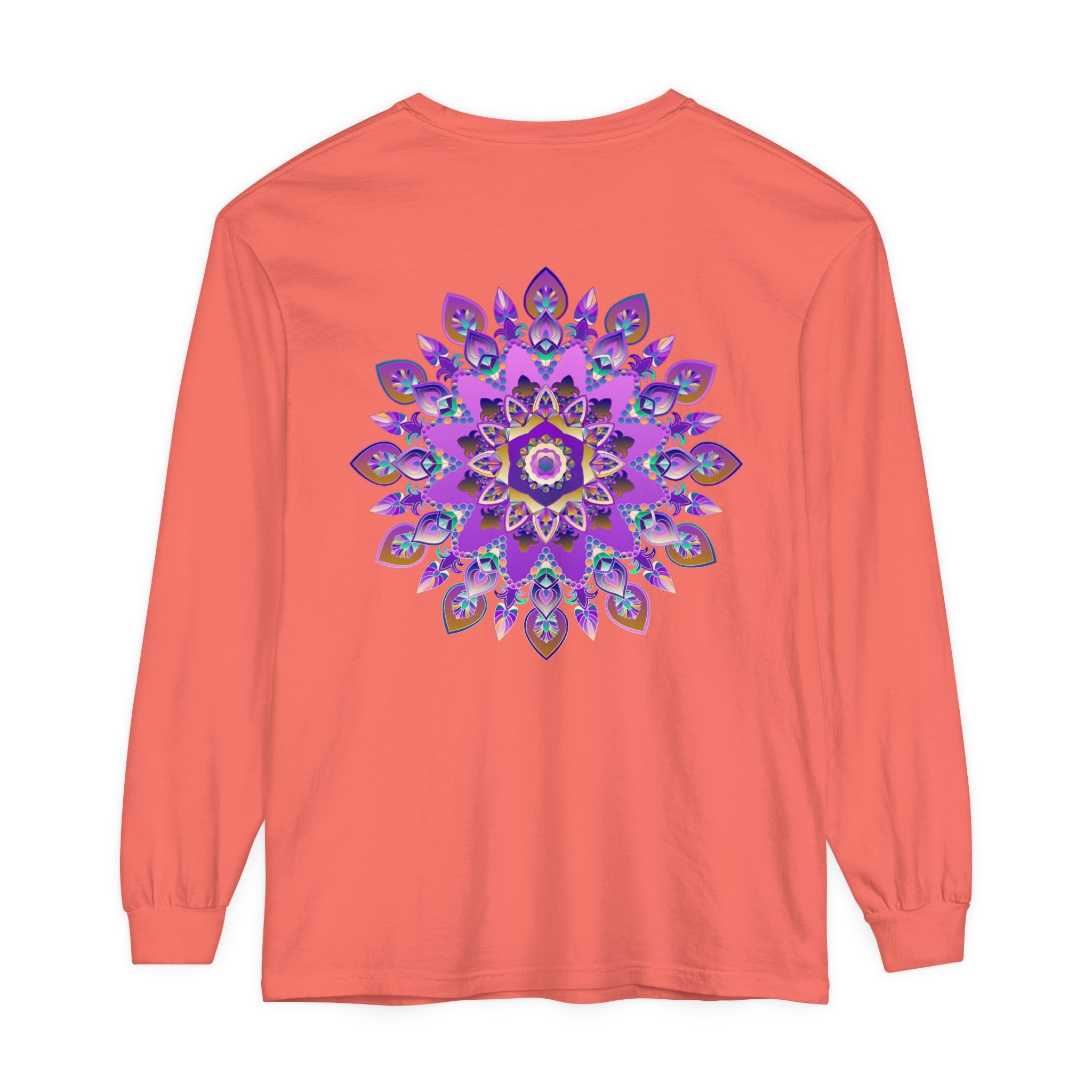 Vibrant purple and gold mandala design long sleeve t-shirt for women