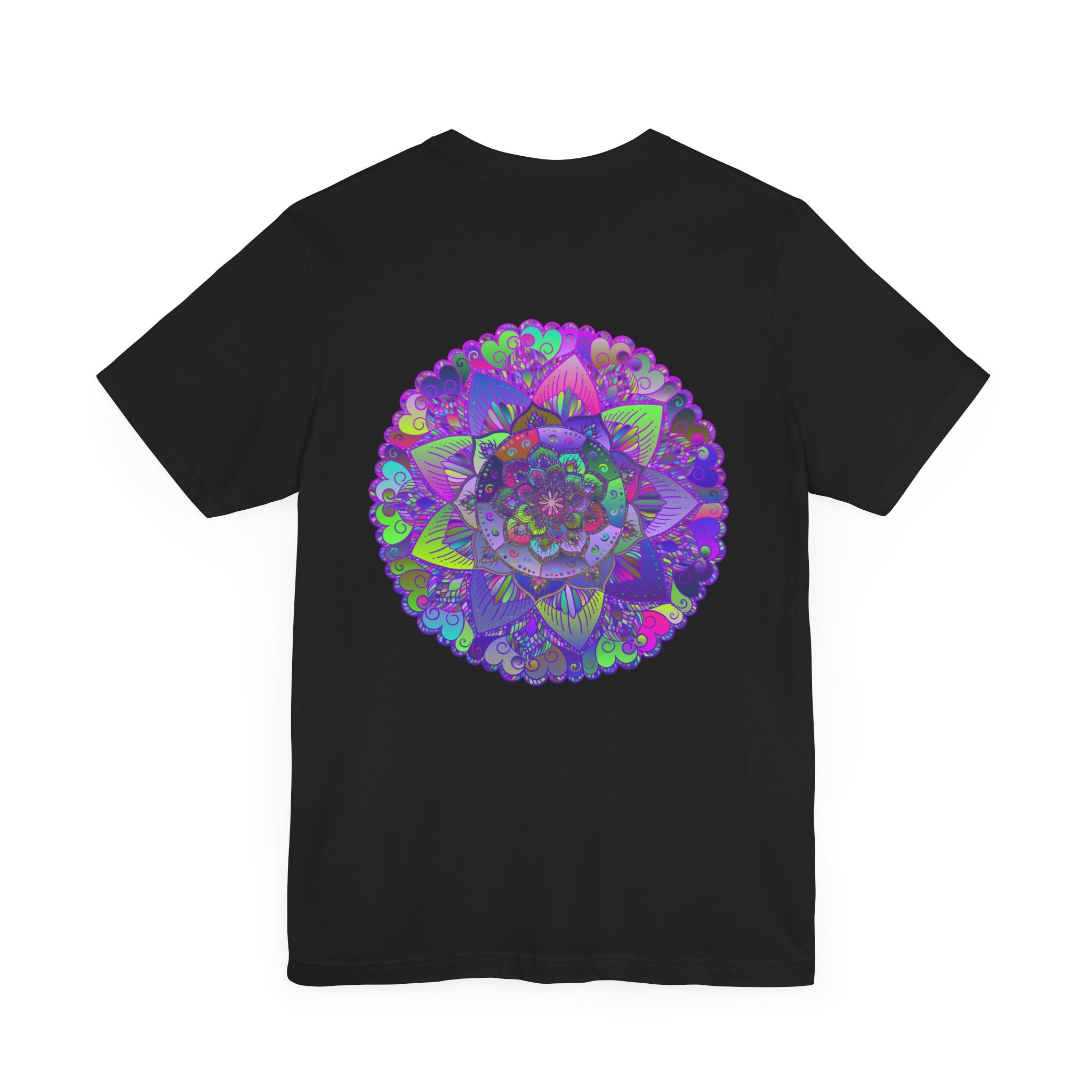 A close-up image of a colorful mandala tee, featuring intricate patterns symbolizing spiritual peace and harmony, perfect for those seeking a vibrant and spiritually-inspired wardrobe addition