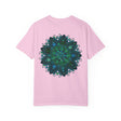 A close-up image of a unisex, hand-drawn Intricate Mandala T-shirt with intricate and detailed patterns in vibrant colors