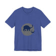 A black cat with glowing eyes and arched back, set against a mysterious background, adorns this playful silhouette t-shirt