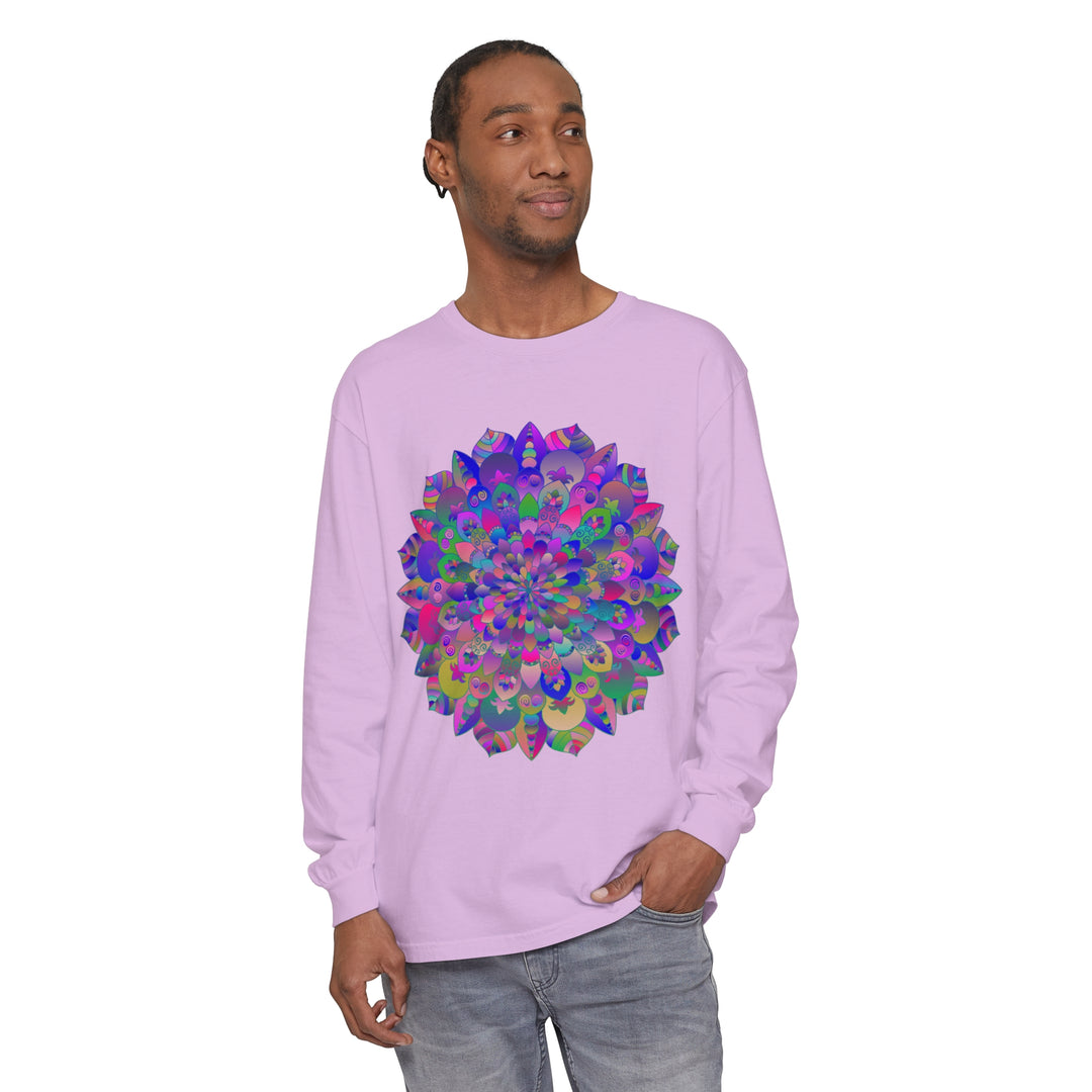 A colorful and intricate mandala design long sleeve t-shirt for women