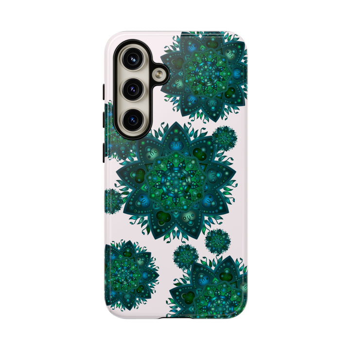 Beautiful light pink and green mandala phone case with a peaceful and intricate design