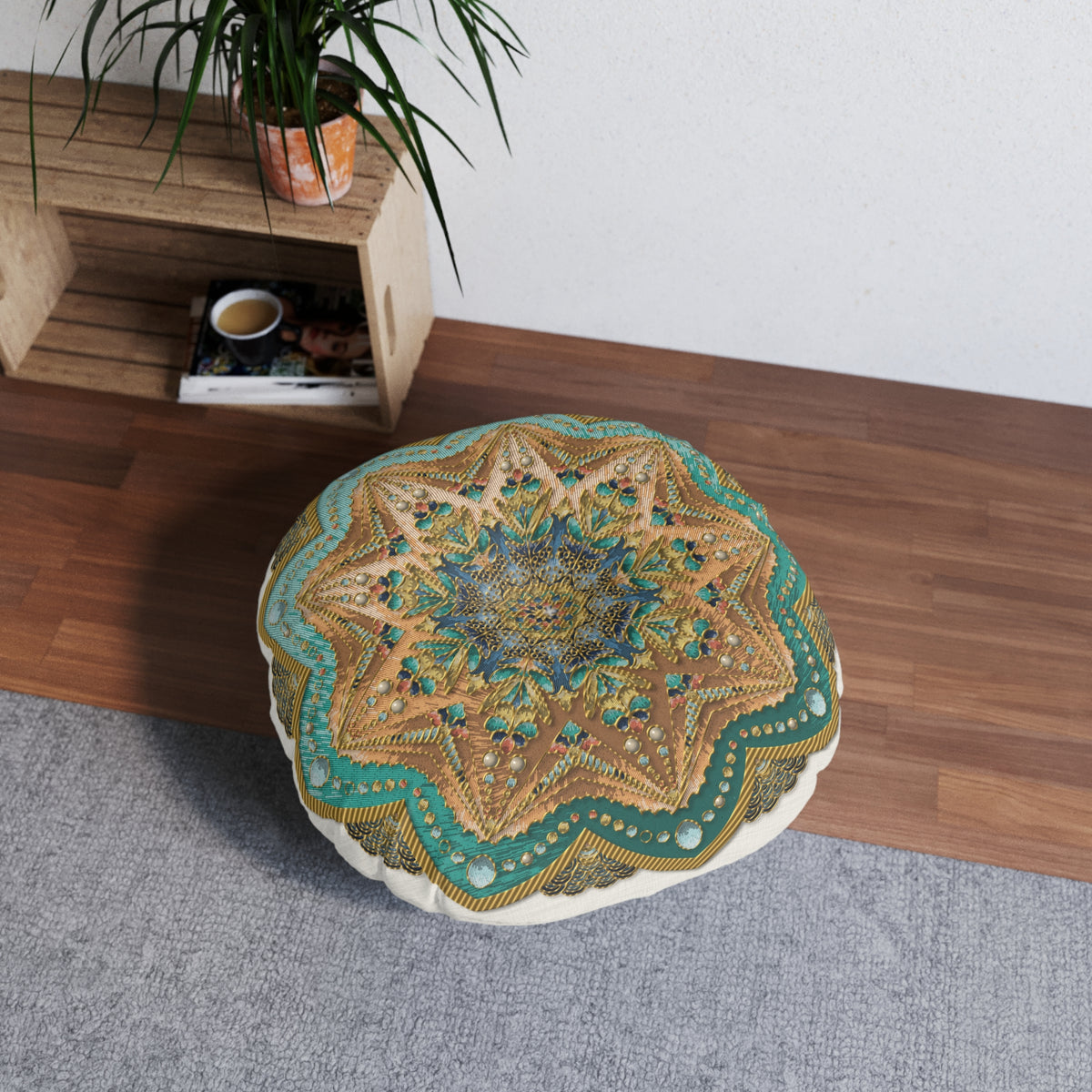 Cuscino da pavimento trapuntato Mandala – Cuscino rotondo da meditazione in stile boho