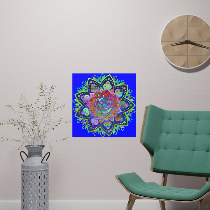 Blue mandala art poster with hand-drawn floral patterns and vibrant color scheme