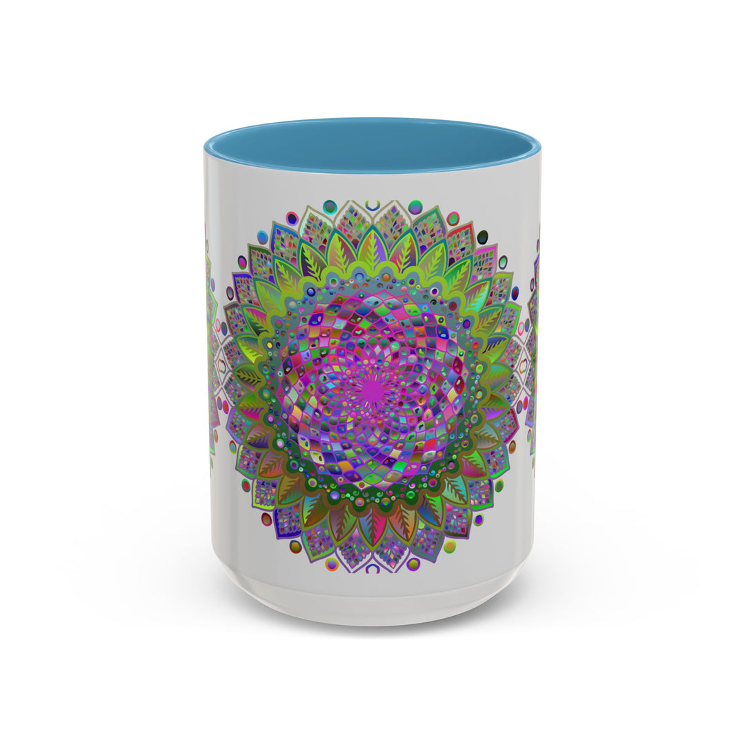 Vibrant and colorful psychedelic mandala design depicted on a grey mug