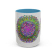 Vibrant and colorful psychedelic mandala design depicted on a grey mug