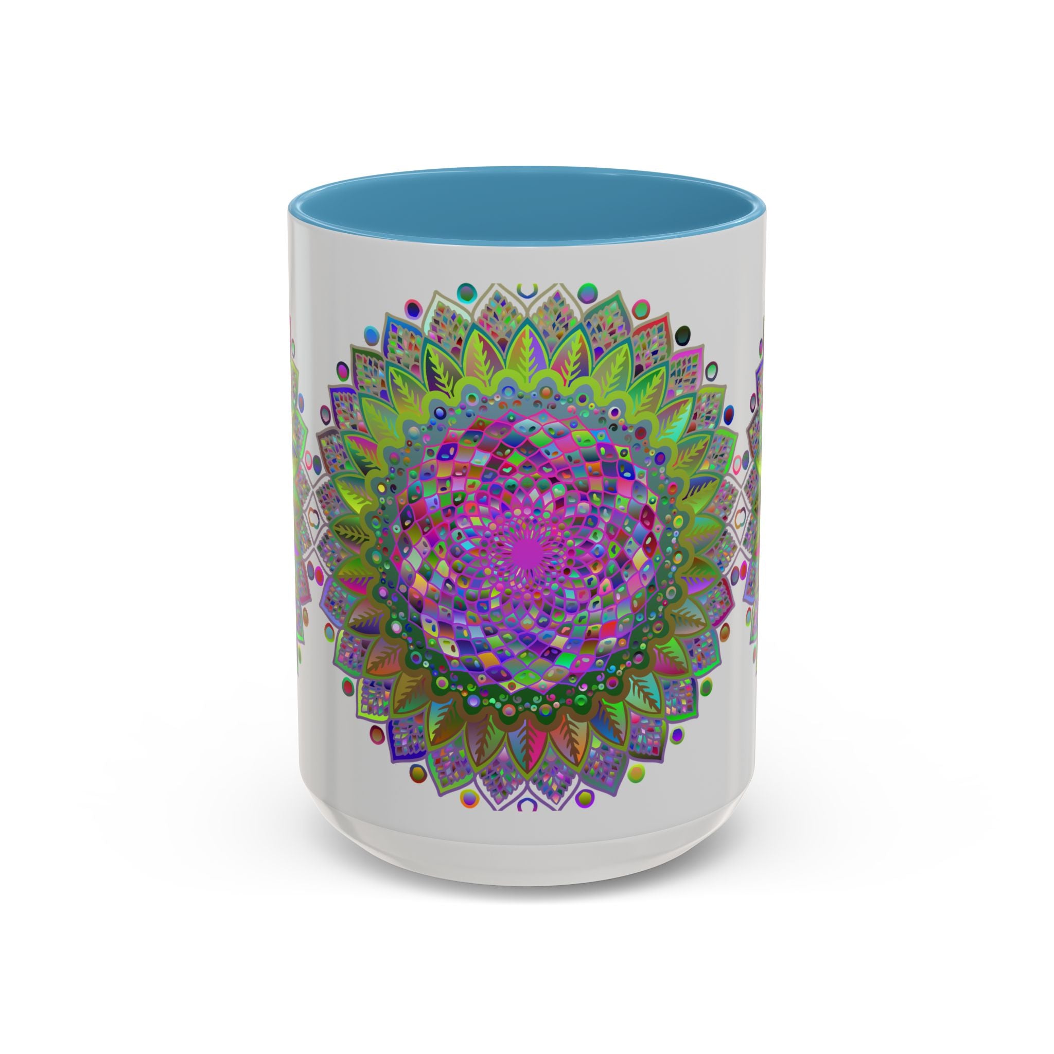 Vibrant and colorful psychedelic mandala design depicted on a grey mug
