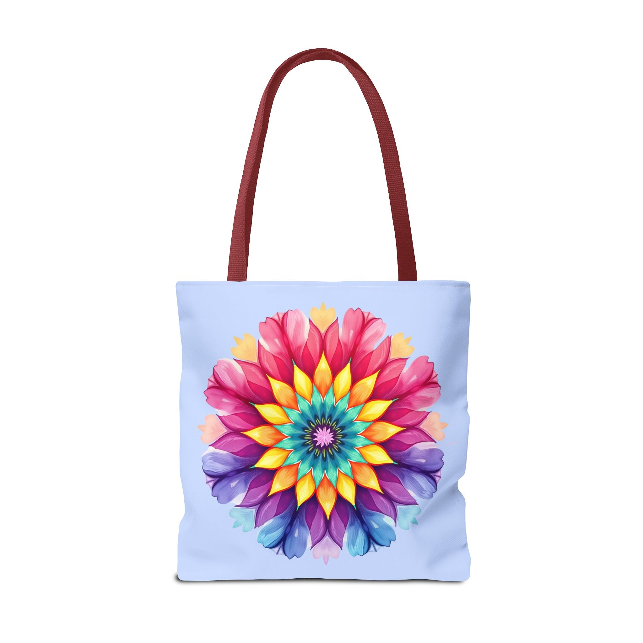 Colorful, handcrafted Rainbow Mandala Tote Bag, perfect for carrying all your essentials in style and adding a pop of vibrant color to any outfit