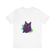 Vibrant purple cat mystery t-shirt with abstract design and unique patterns