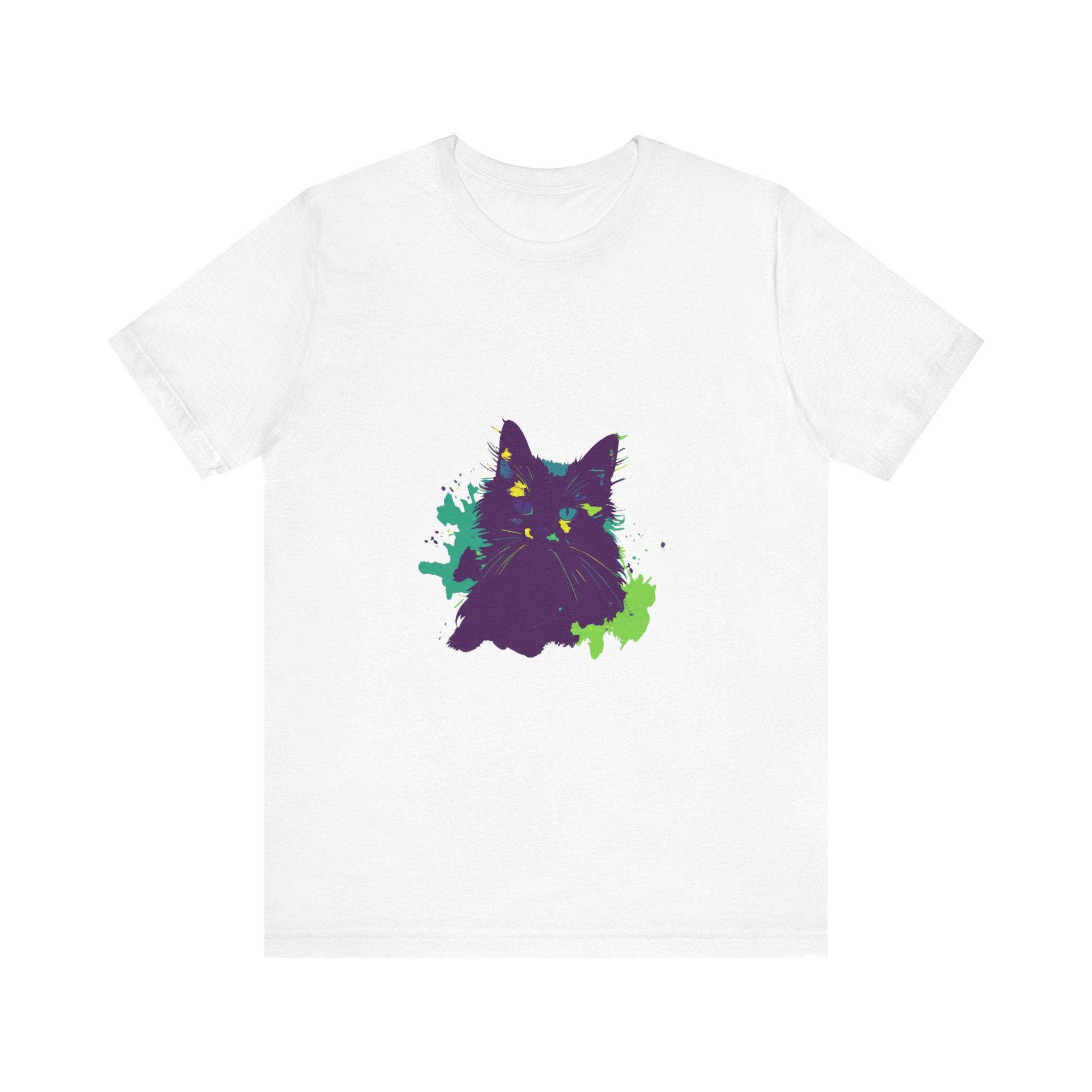 Vibrant purple cat mystery t-shirt with abstract design and unique patterns