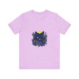 Black Cat Mystery T-Shirt featuring a whimsical floral design on black fabric