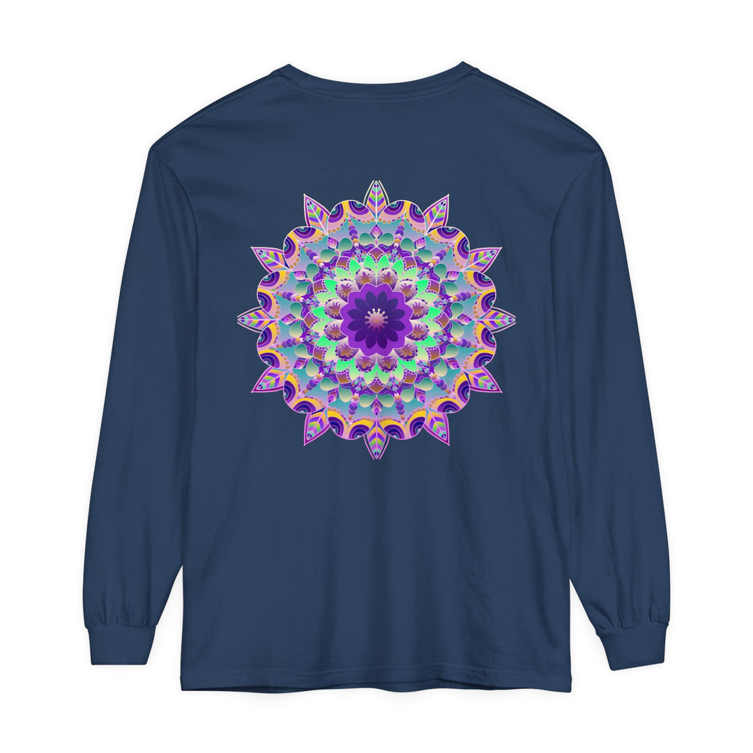 Colorful and intricate psychedelic mandala design printed on a long sleeve t-shirt