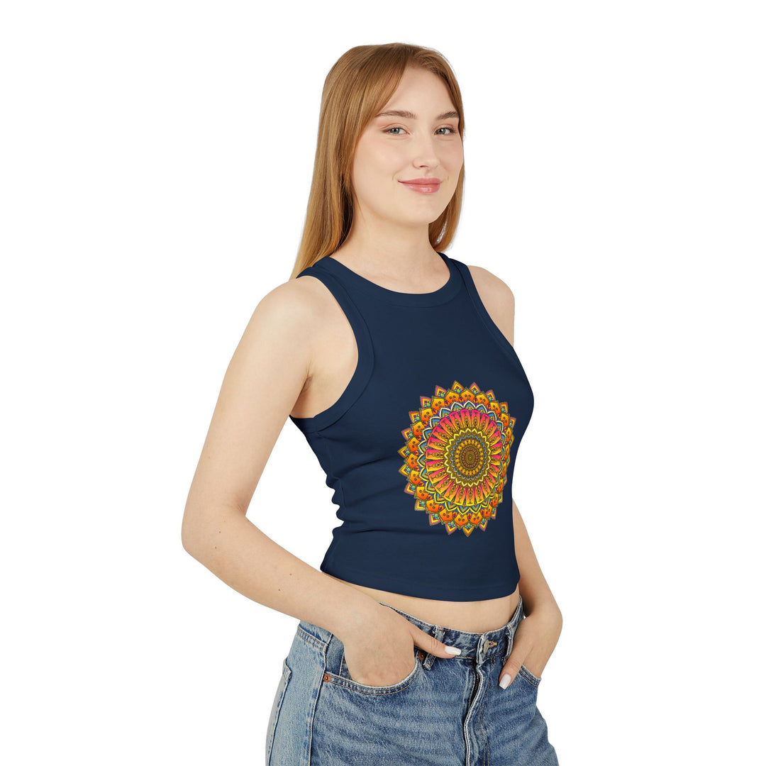 Vibrant Mandala Racerback Tank Top with colorful and intricate floral design