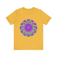 A close-up image of a purple and green mandala tee with an intricate and detailed design, perfect for adding a pop of color to your wardrobe