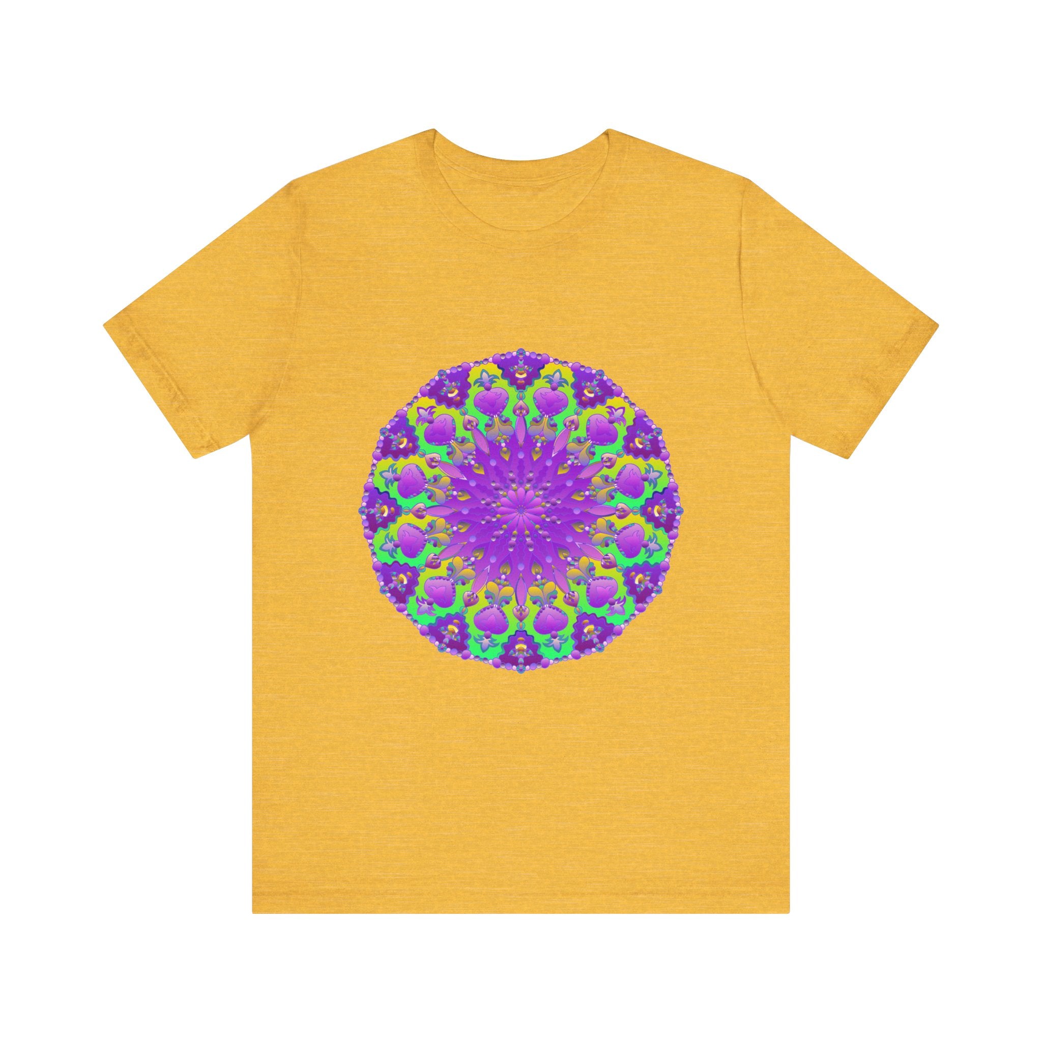 A close-up image of a purple and green mandala tee with an intricate and detailed design, perfect for adding a pop of color to your wardrobe