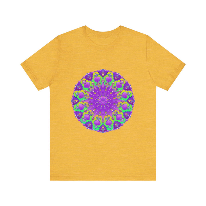 A close-up image of a purple and green mandala tee with an intricate and detailed design, perfect for adding a pop of color to your wardrobe