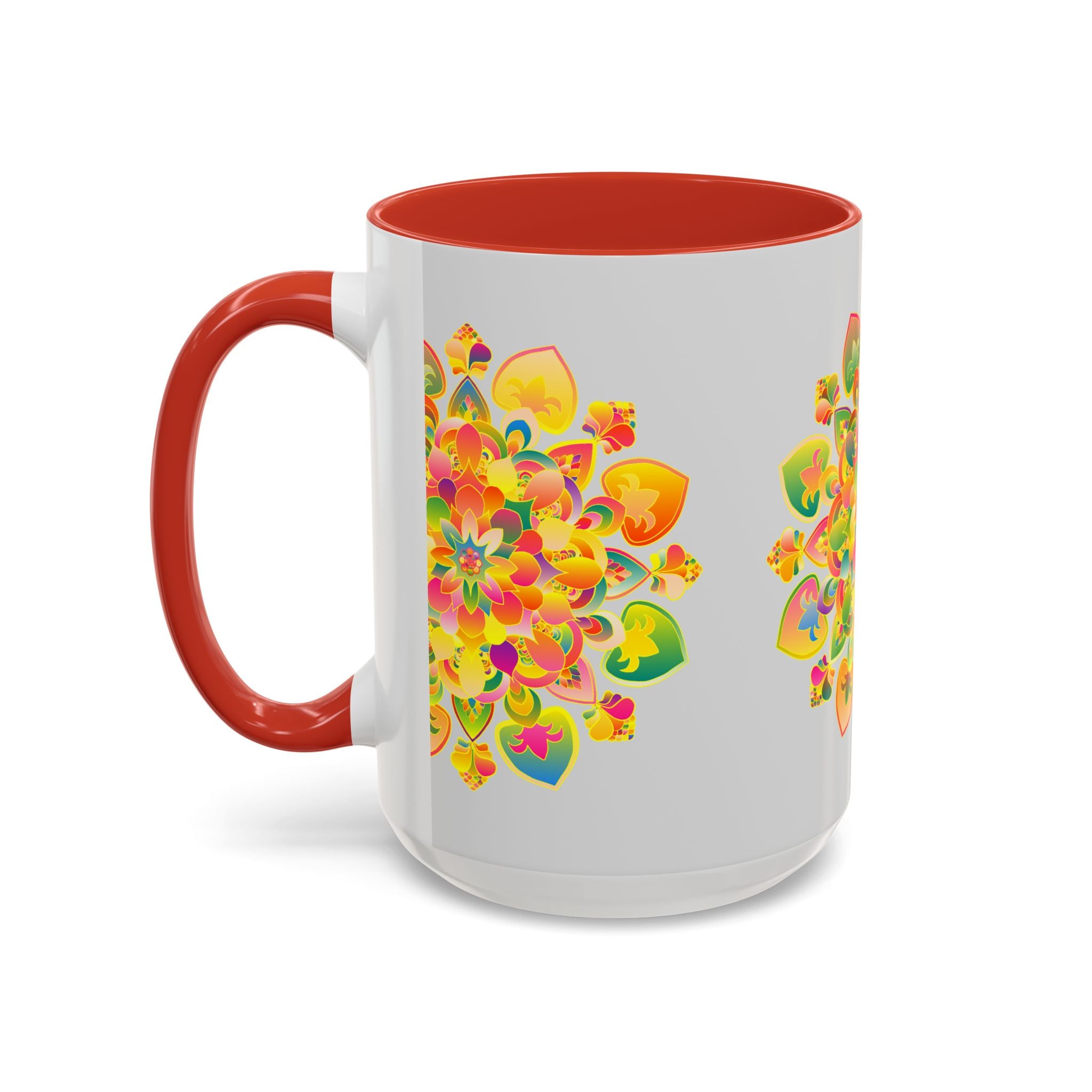 Colorful ceramic mug with a vibrant floral mandala design, perfect for enjoying your morning coffee or tea