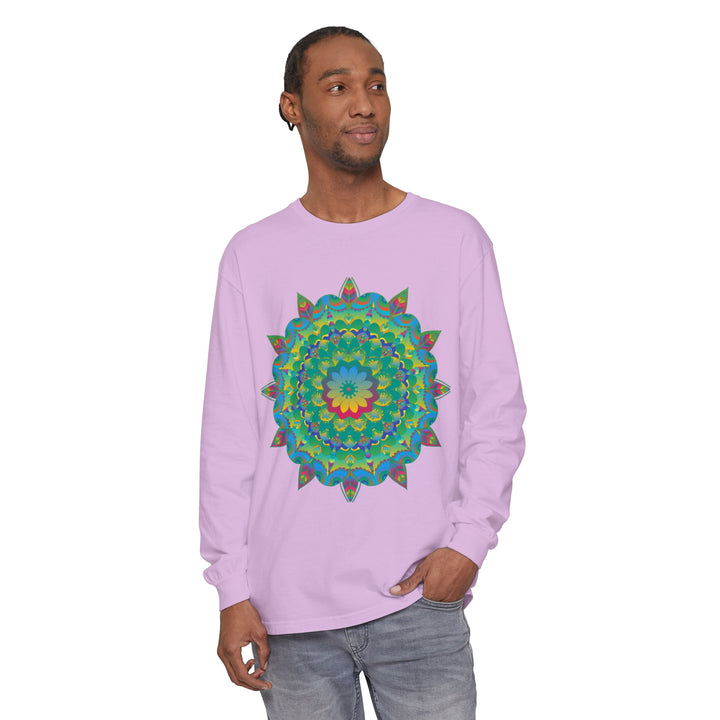 Colorful and intricate psychedelic mandala design on long sleeve t-shirt