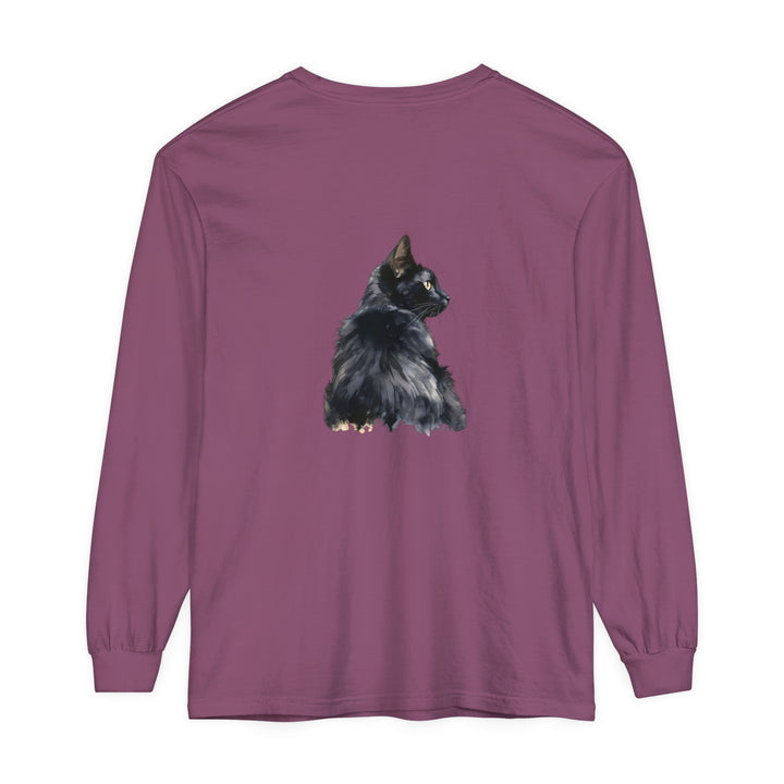 Black Cat Watercolor Long Sleeve T-Shirt with vibrant watercolor cat design