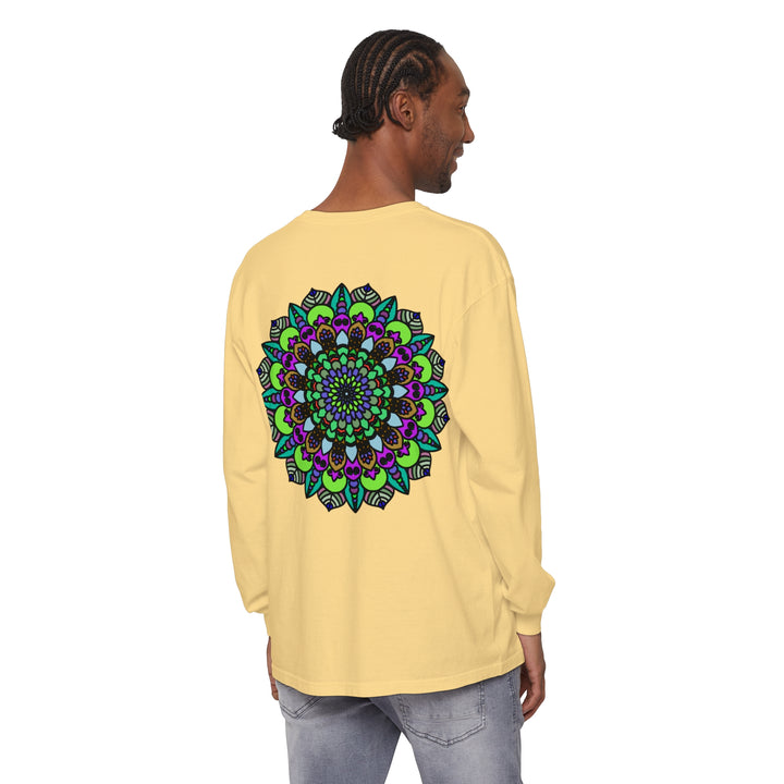 Colorful and intricate psychedelic mandala design on unisex long sleeve t-shirt