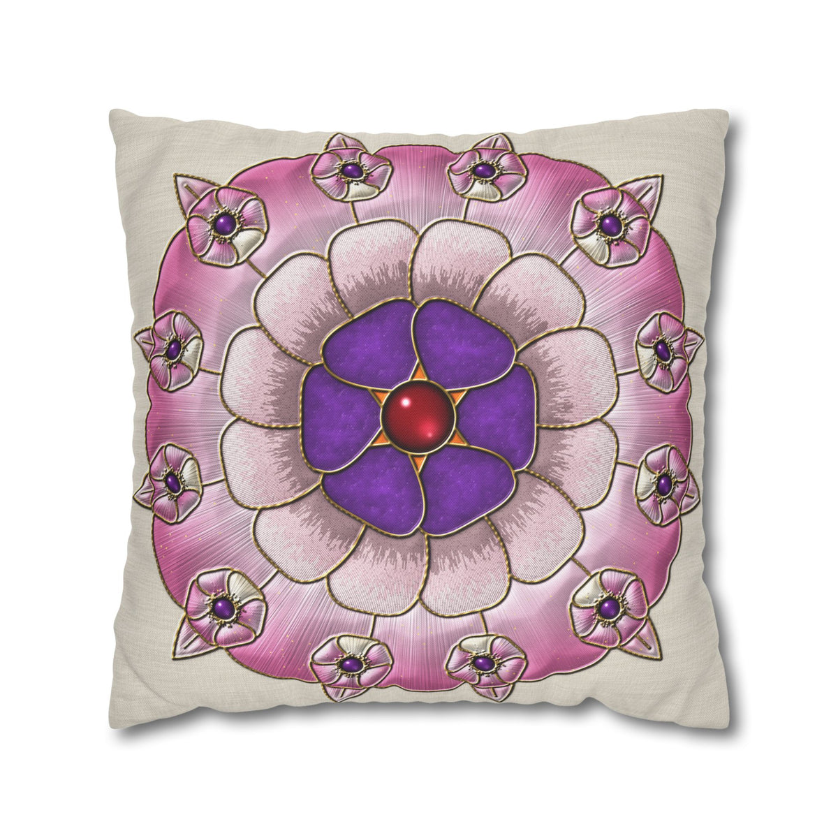Federa quadrata con motivo a mandala floreale rosa e viola