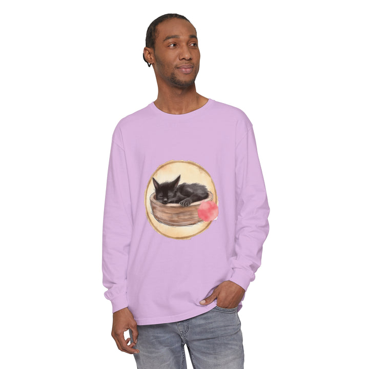 Long sleeve t-shirt with a watercolor illustration of a sleeping cat in a bowl