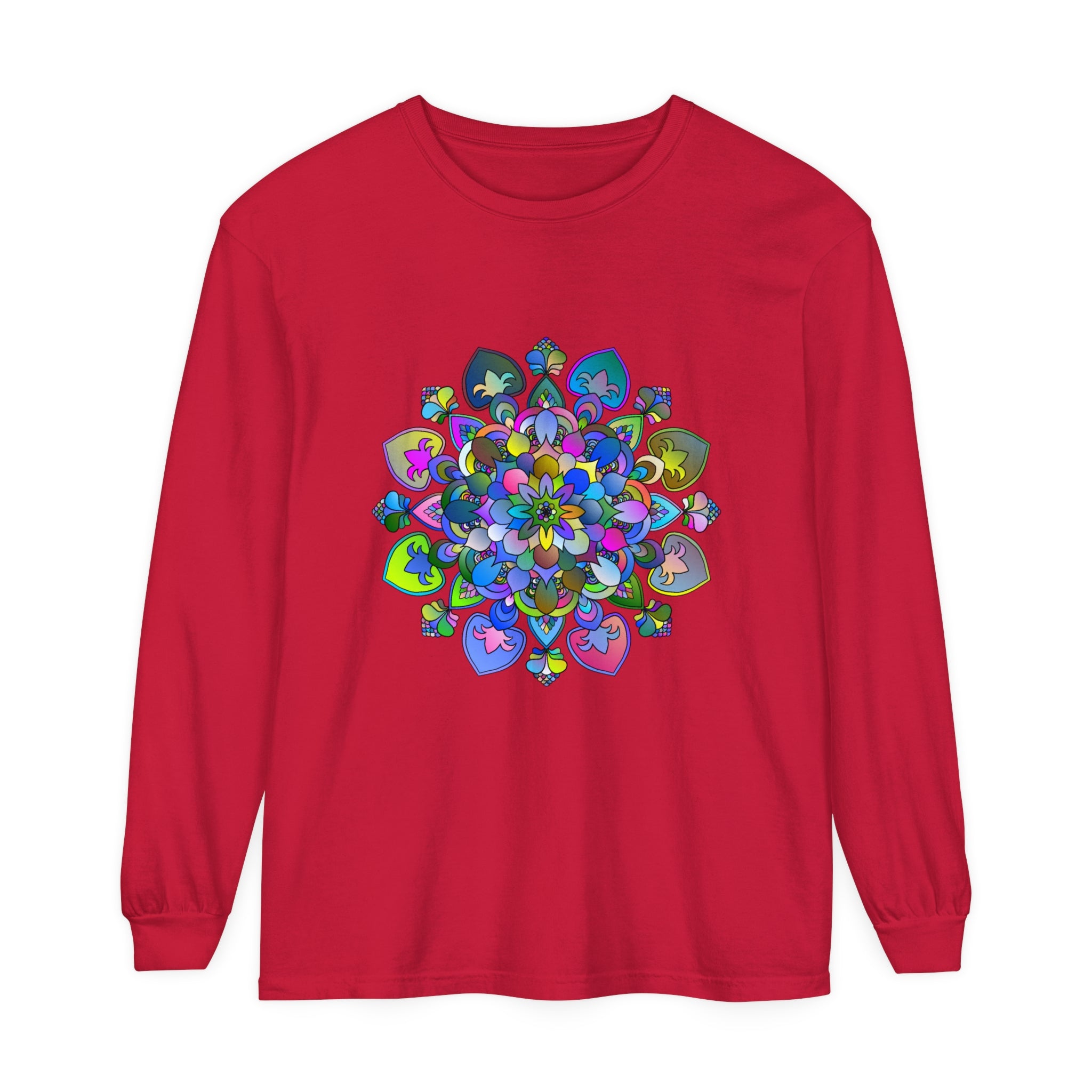 Colorful and intricate mandala design on a long sleeve t-shirt