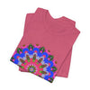 Vibrant and intricate mandala geometric design printed on a colorful t-shirt