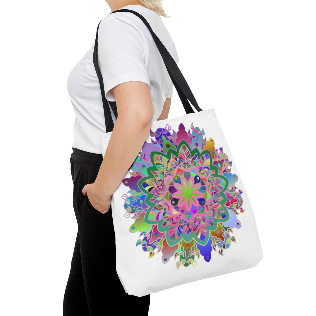 Vibrant and intricate mandala design tote bag with colorful AOP pattern