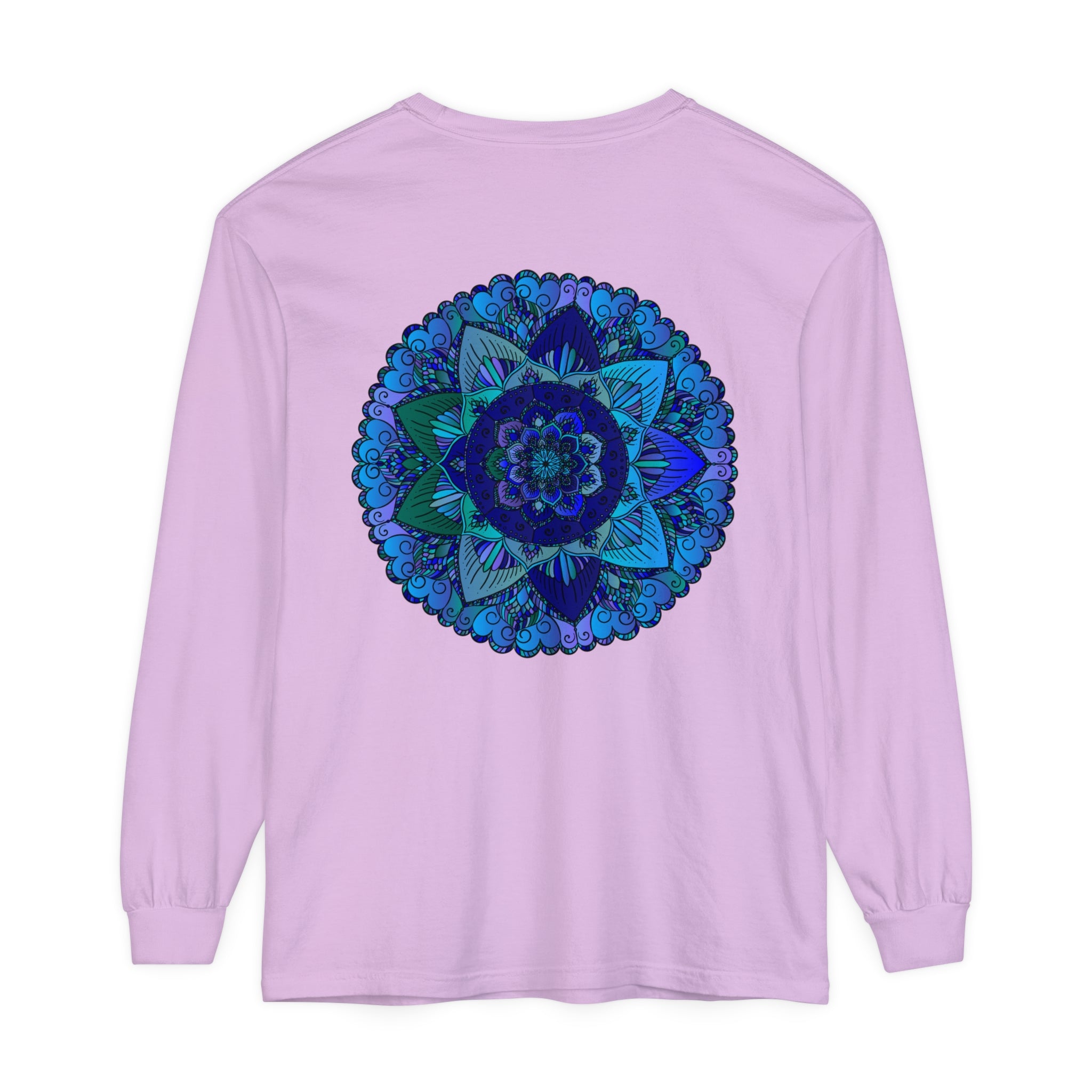 Dark blue and green mandala long sleeve t-shirt with intricate design