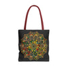 Colorful and intricate hand-drawn mandala art tote bag with all-over print design