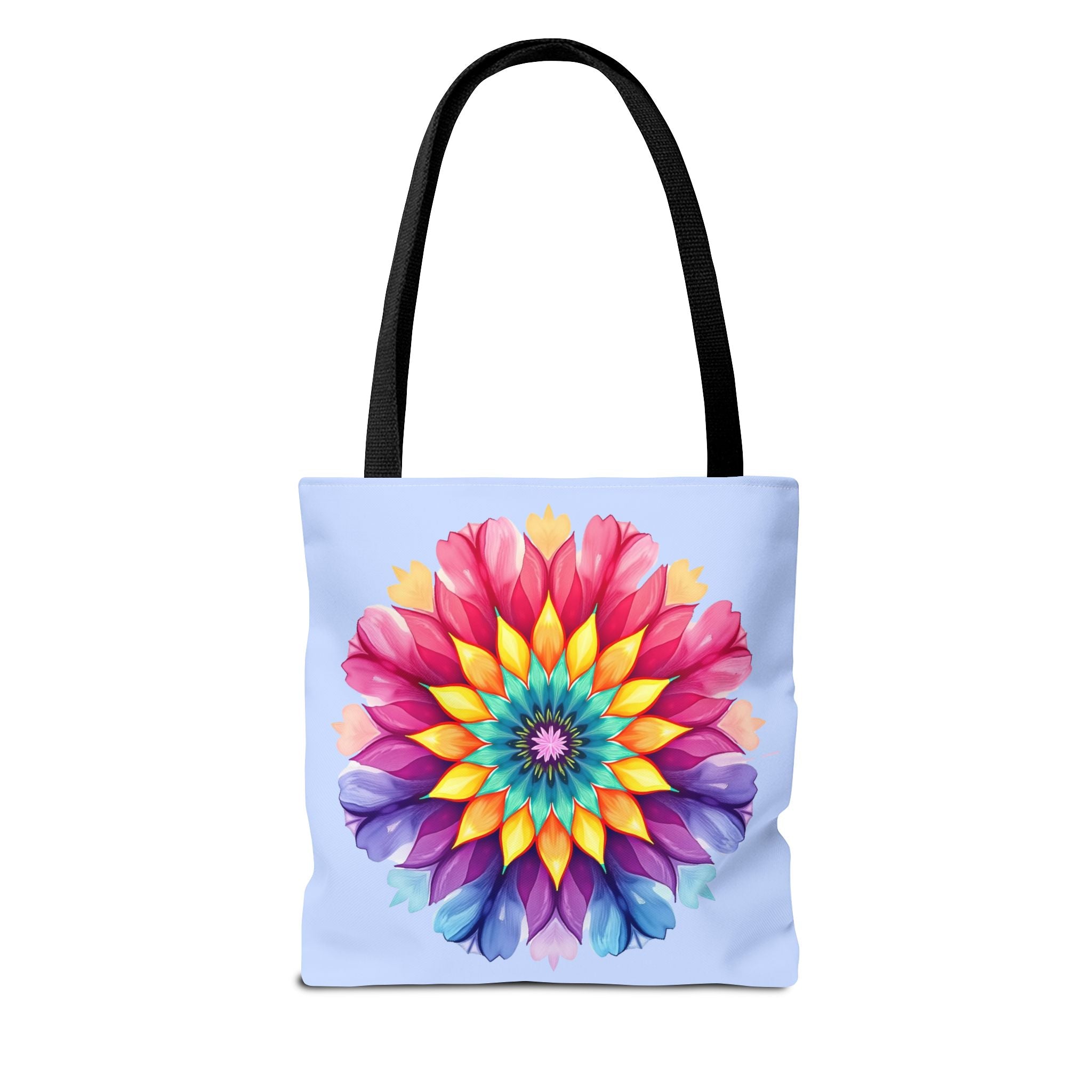 Colorful rainbow mandala tote bag with intricate floral design, perfect for carrying groceries or beach essentials