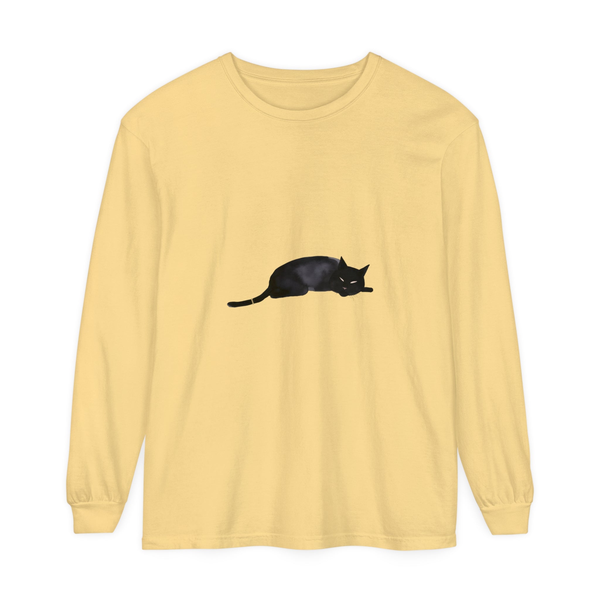 A cozy unisex long sleeve t-shirt featuring a sleeping black cat design