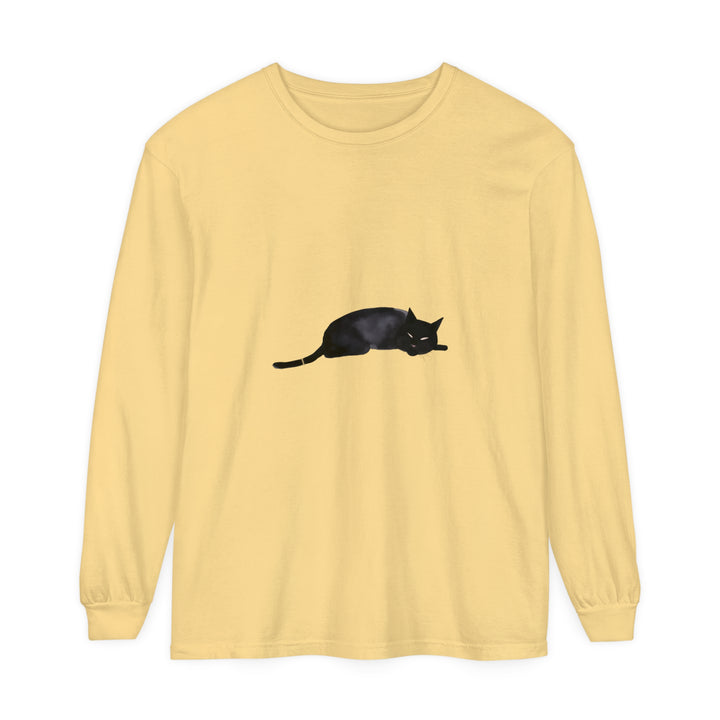 A cozy unisex long sleeve t-shirt featuring a sleeping black cat design