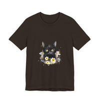 A comfortable and stylish black t-shirt featuring a striking illustration of a black cat with mesmerizing yellow eyes