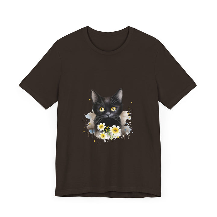 A comfortable and stylish black t-shirt featuring a striking illustration of a black cat with mesmerizing yellow eyes